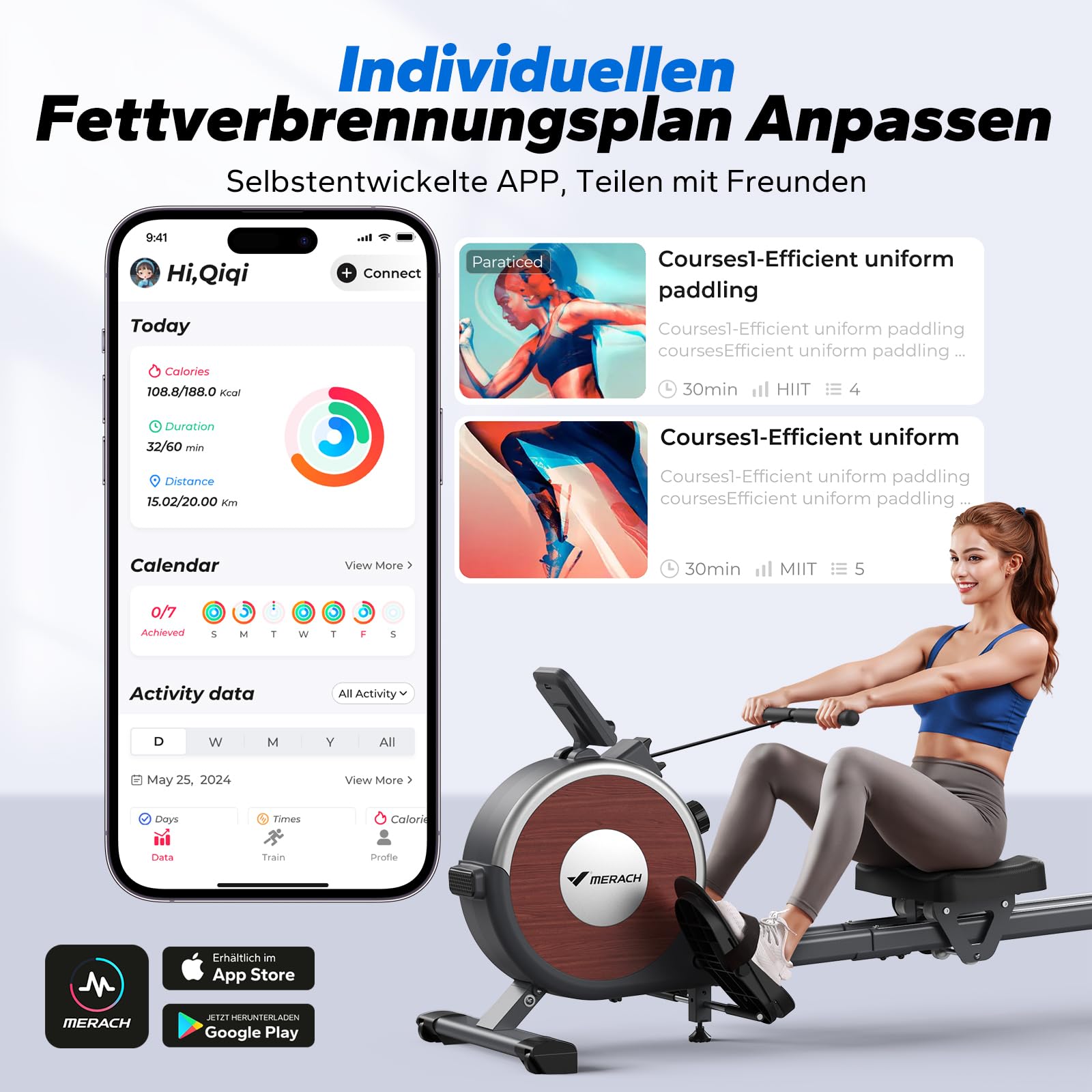 MERACH Rudergerät für Zuhause, 16 Stufen Widerstand, Leises Magnetisches Rudergerät mit Exklusiver APP, Verbesserte Doppelschienen für Mehr Stabilität, Einfacher Aufbau, Die Erste Wahl für Heimfitness