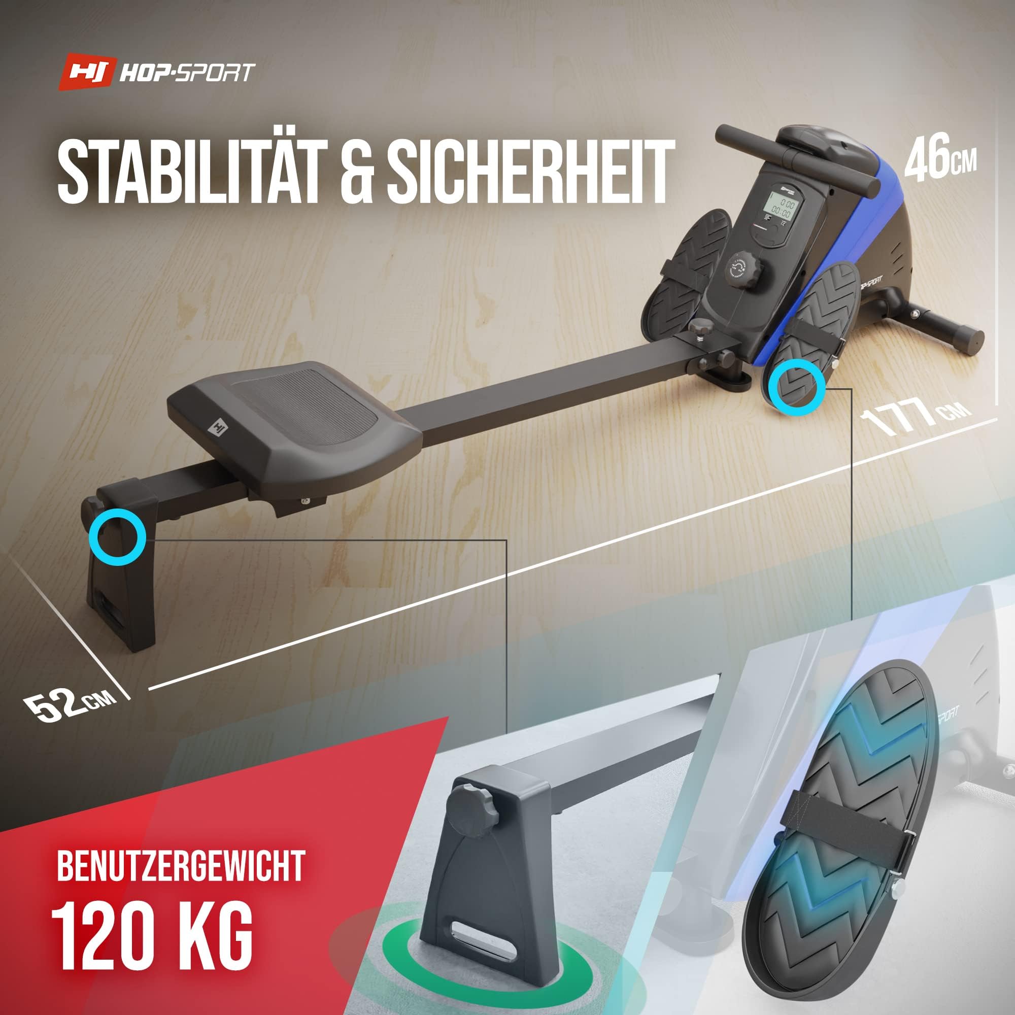 Hop-Sport Rudergerät Boost, Magnetbremssystem, LCD Display, 10 Widerstandsstufen, Klappbar, Cardiogeräte für Zuhause, Ideal für Ganzkörpertraining, 120 kg Max. Belastbarkeit