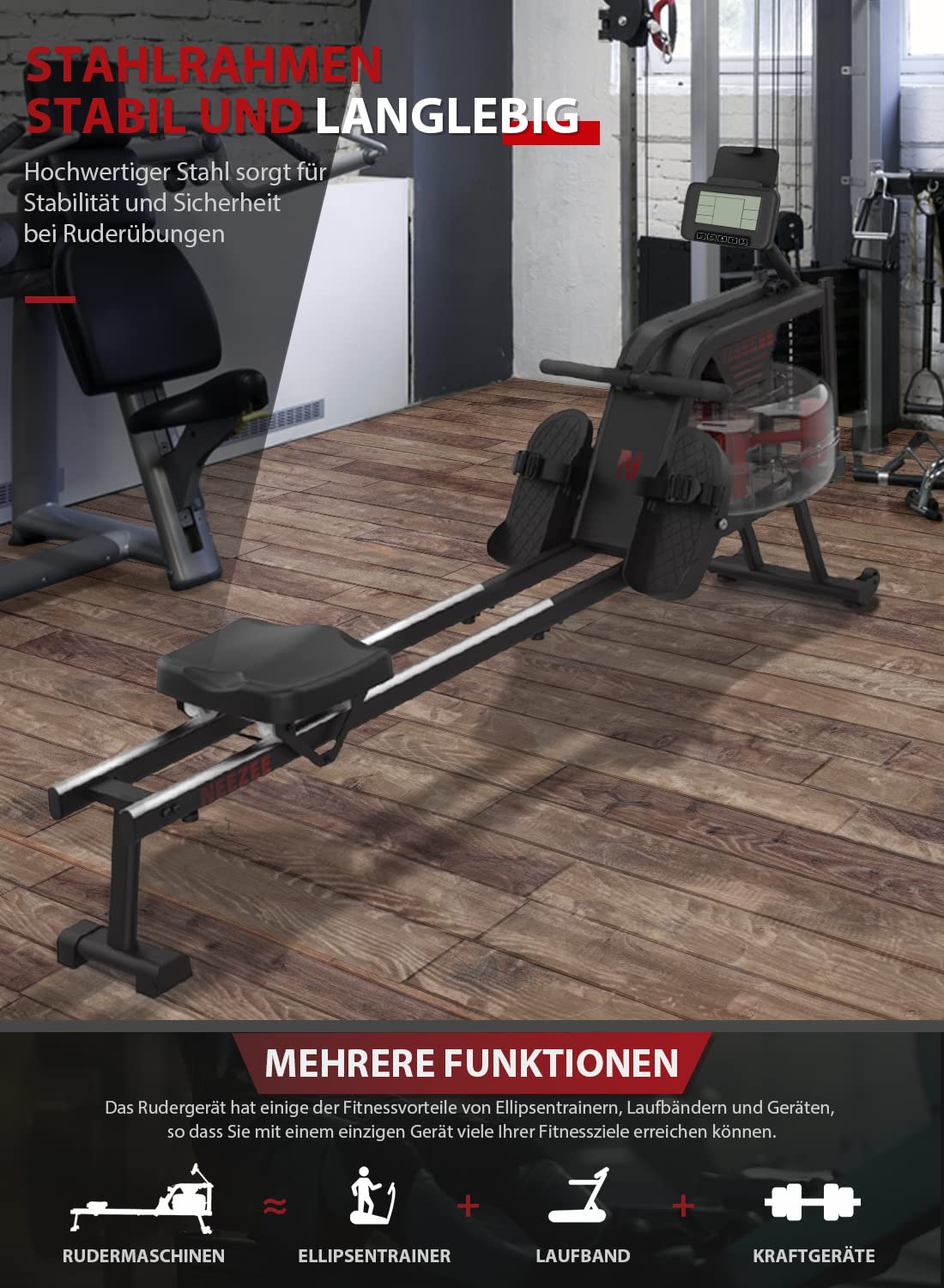 Neezee Rudergerät, Rudergerät für zuhause mit Aluminium Schiene, Rudergerät-Wasser mit Tablettenständer, Wasserwiderstand und LCD-Display Rdermaschine