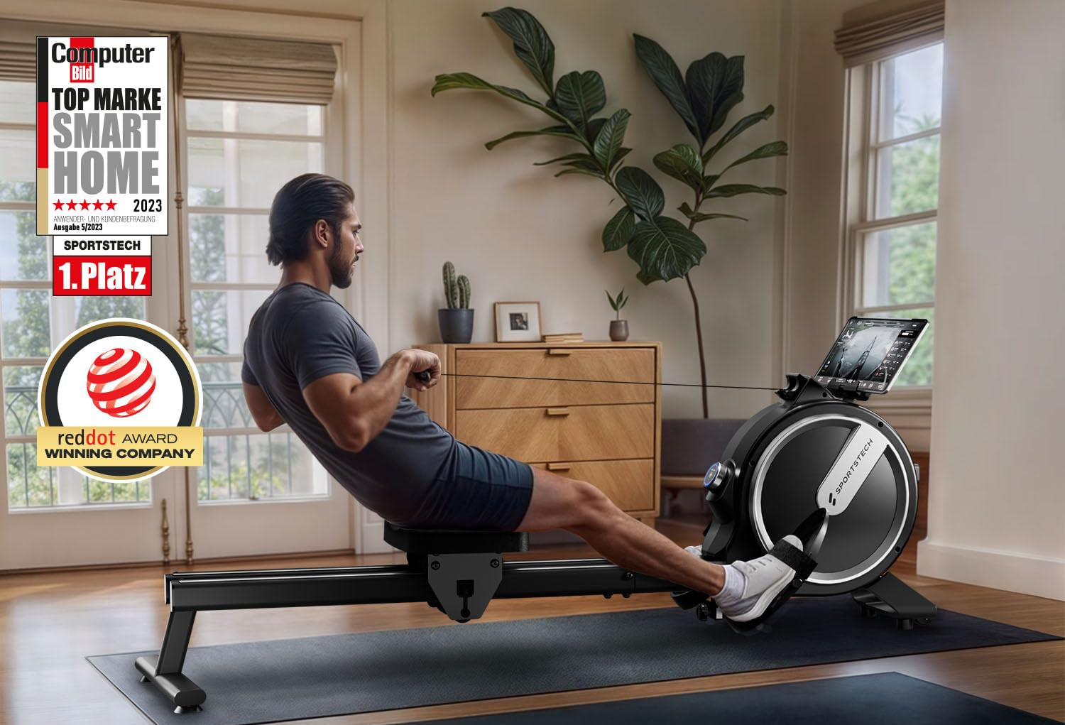 Sportstech PROwer Rudergerät für Zuhause, 32 Stufen Magnetwiderstand, LED Display, Dual Slide Rail, Bluetooth App kompatibel, leise, Ganzkörpertraining, Tablethalterung, vertikal verstaubar