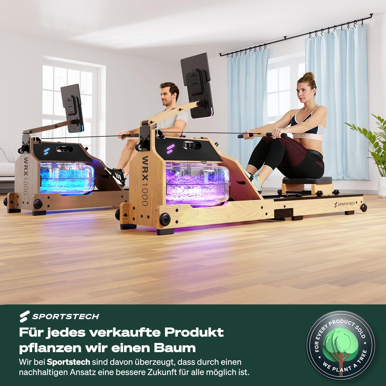 Sportstech Premium Wasser-Rudergerät mit LED-Wassertank, klappbar | Deutsches Qualitätsunternehmen I App mit Workout Kursen+ Tablethalterung | Natur-Massivholz Rudermaschine Rower für zuhause WRX1000