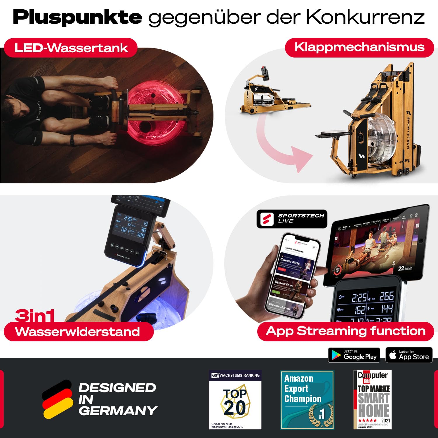 Sportstech Premium Wasser-Rudergerät mit LED-Wassertank, klappbar | Deutsches Qualitätsunternehmen I App mit Workout Kursen+ Tablethalterung | Natur-Massivholz Rudermaschine Rower für zuhause WRX1000