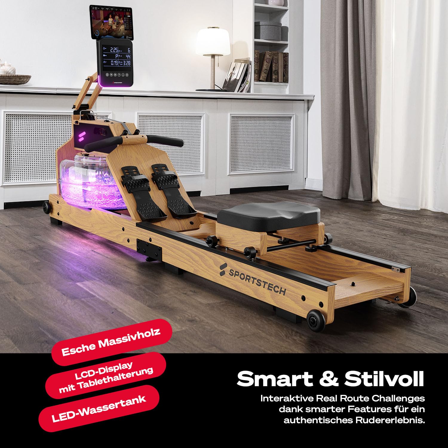 Sportstech Premium Wasser-Rudergerät mit LED-Wassertank, klappbar | Deutsches Qualitätsunternehmen I App mit Workout Kursen+ Tablethalterung | Natur-Massivholz Rudermaschine Rower für zuhause WRX1000