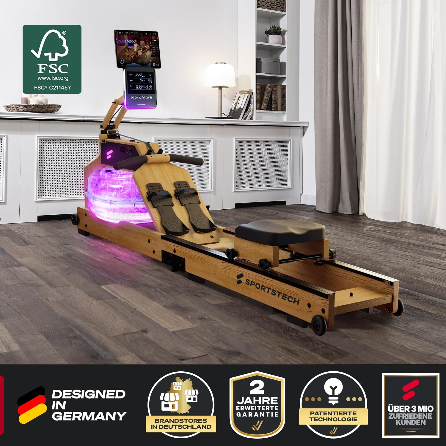 Sportstech Premium Wasser-Rudergerät mit LED-Wassertank, klappbar | Deutsches Qualitätsunternehmen I App mit Workout Kursen+ Tablethalterung | Natur-Massivholz Rudermaschine Rower für zuhause WRX1000