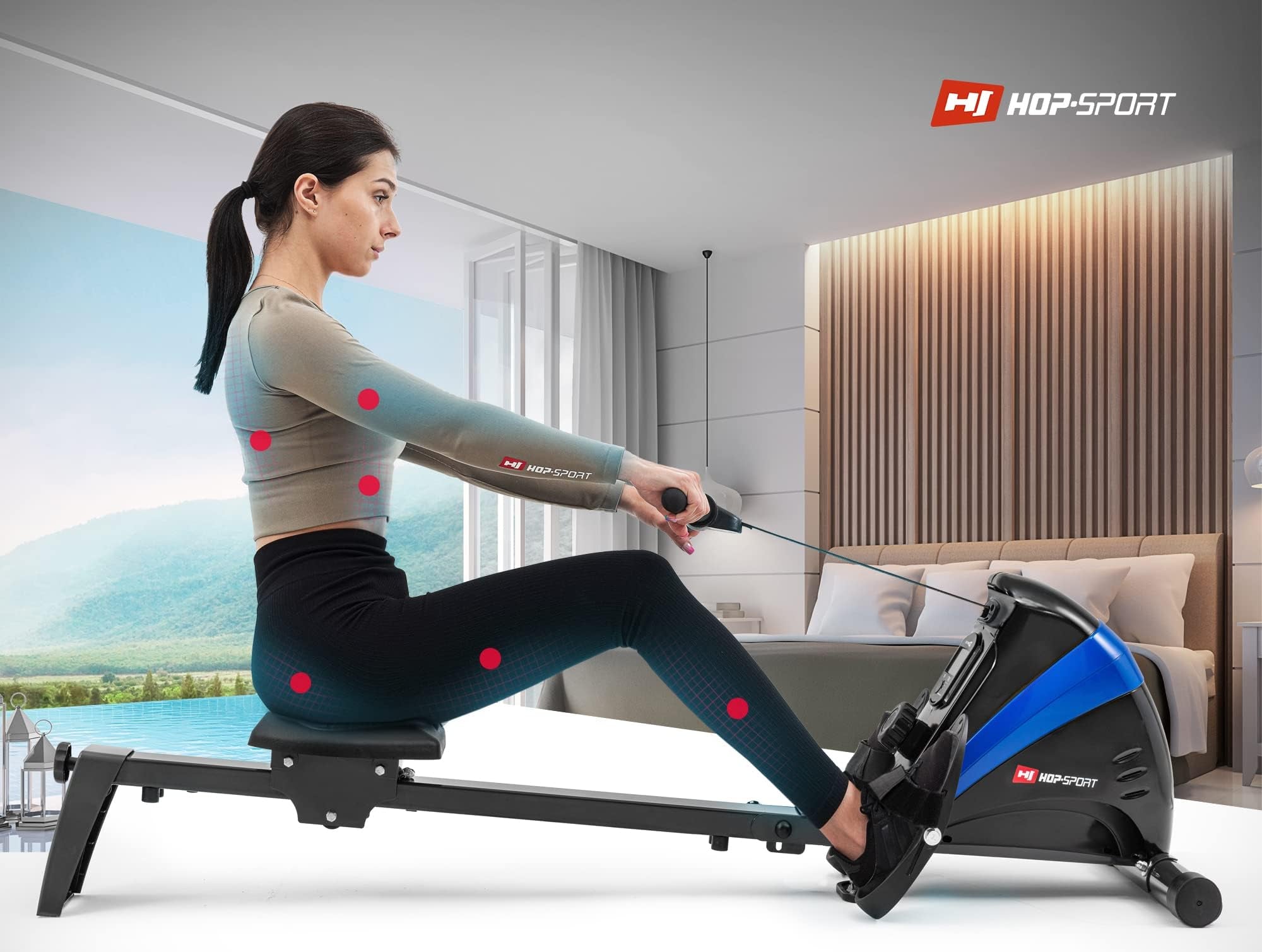 Hop-Sport Rudergerät Boost, Magnetbremssystem, LCD Display, 10 Widerstandsstufen, Klappbar, Cardiogeräte für Zuhause, Ideal für Ganzkörpertraining, 120 kg Max. Belastbarkeit