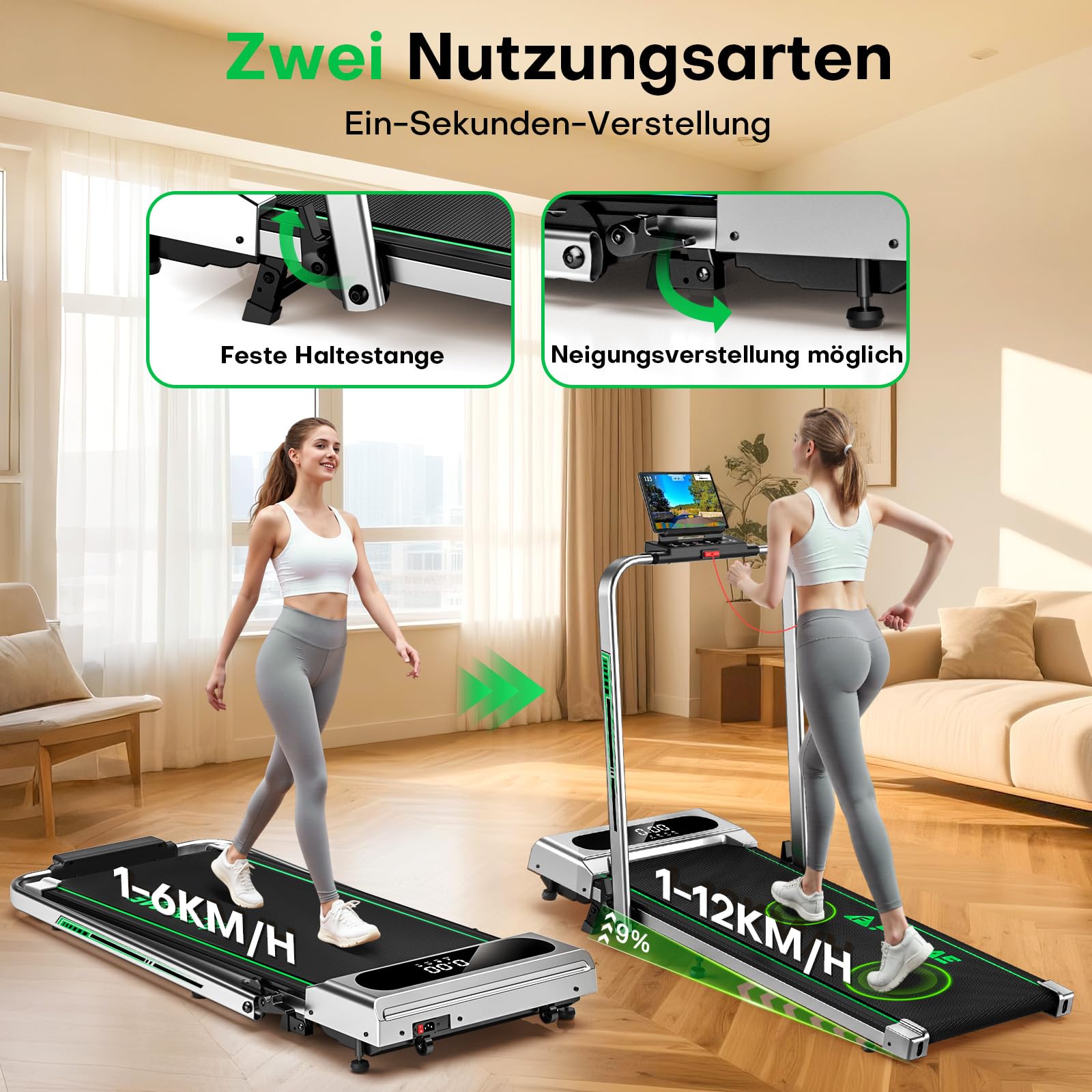 FOUSAE Laufband für Zuhause, 5 in 1 Walking Pad, 12km/h Klappbar Laufband mit 9% Steigung, 2.75HP Walking Machine & Büro mit LED-Anzeige, Fernbedienung und App, Bis 160 kg, Keine Installation