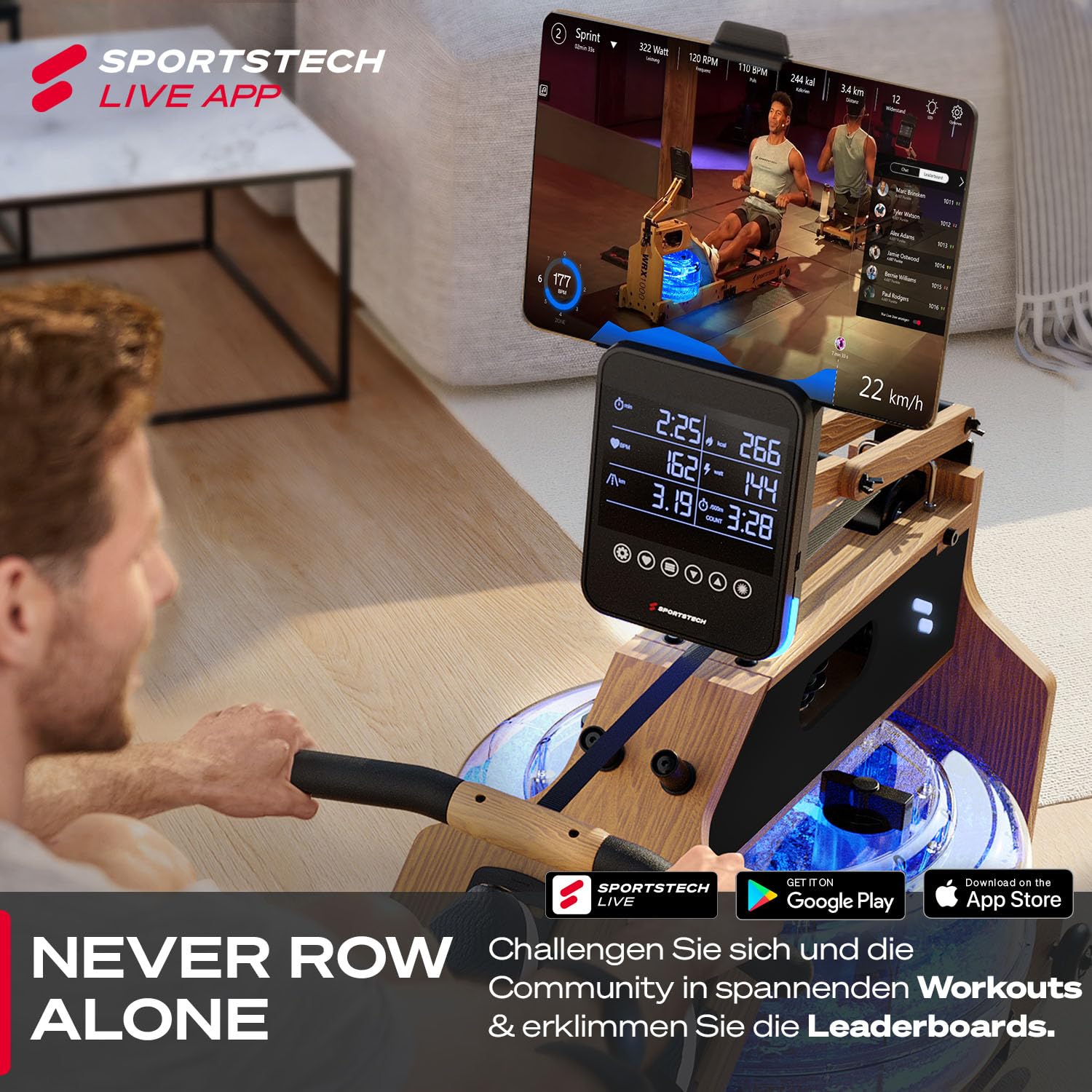 Sportstech Premium Wasser-Rudergerät mit LED-Wassertank, klappbar | Deutsches Qualitätsunternehmen I App mit Workout Kursen+ Tablethalterung | Natur-Massivholz Rudermaschine Rower für zuhause WRX1000