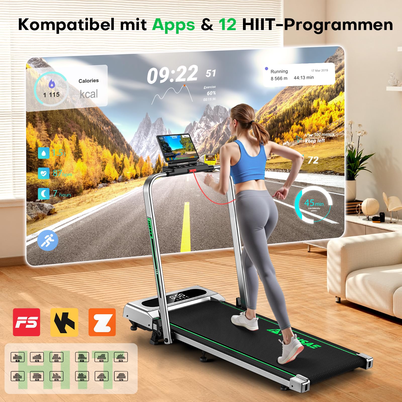 FOUSAE Laufband für Zuhause, 5 in 1 Walking Pad, 12km/h Klappbar Laufband mit 9% Steigung, 2.75HP Walking Machine & Büro mit LED-Anzeige, Fernbedienung und App, Bis 160 kg, Keine Installation