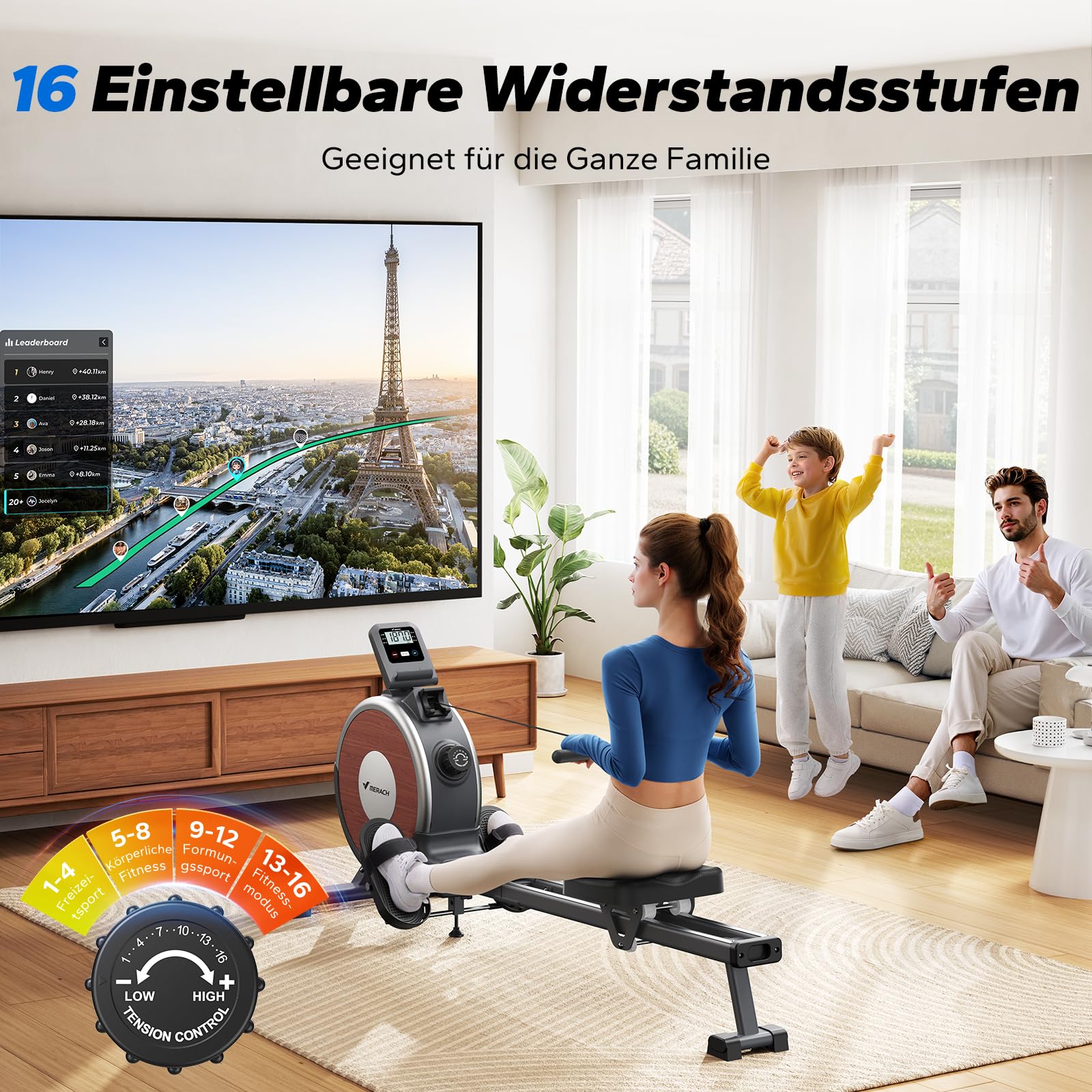 MERACH Rudergerät für Zuhause, 16 Stufen Widerstand, Leises Magnetisches Rudergerät mit Exklusiver APP, Verbesserte Doppelschienen für Mehr Stabilität, Einfacher Aufbau, Die Erste Wahl für Heimfitness