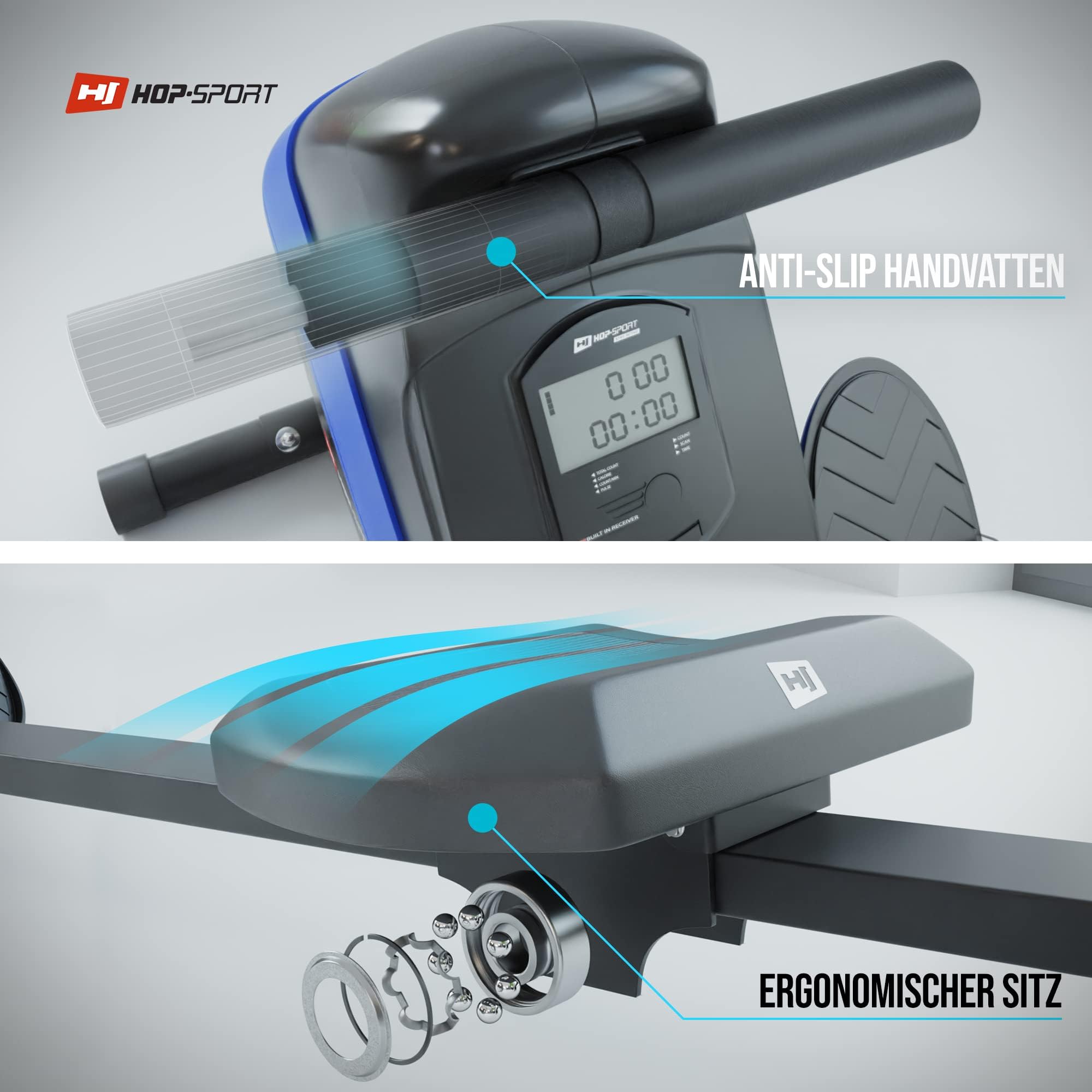 Hop-Sport Rudergerät Boost, Magnetbremssystem, LCD Display, 10 Widerstandsstufen, Klappbar, Cardiogeräte für Zuhause, Ideal für Ganzkörpertraining, 120 kg Max. Belastbarkeit