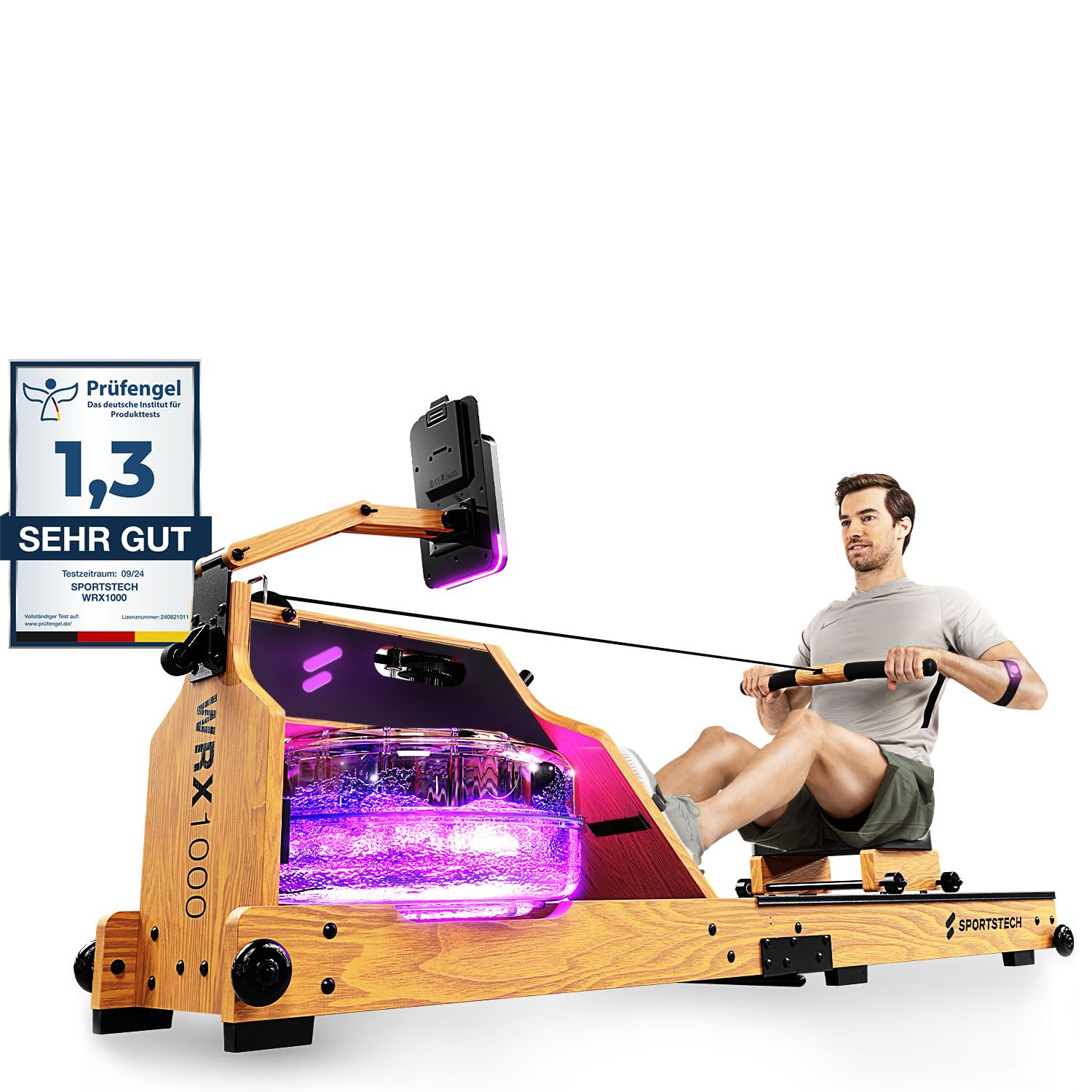 Sportstech Premium Wasser-Rudergerät mit LED-Wassertank, klappbar | Deutsches Qualitätsunternehmen I App mit Workout Kursen+ Tablethalterung | Natur-Massivholz Rudermaschine Rower für zuhause WRX1000