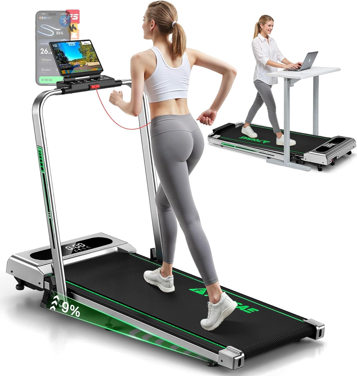 FOUSAE Laufband für Zuhause, 5 in 1 Walking Pad, 12km/h Klappbar Laufband mit 9% Steigung, 2.75HP Walking Machine & Büro mit LED-Anzeige, Fernbedienung und App, Bis 160 kg, Keine Installation
