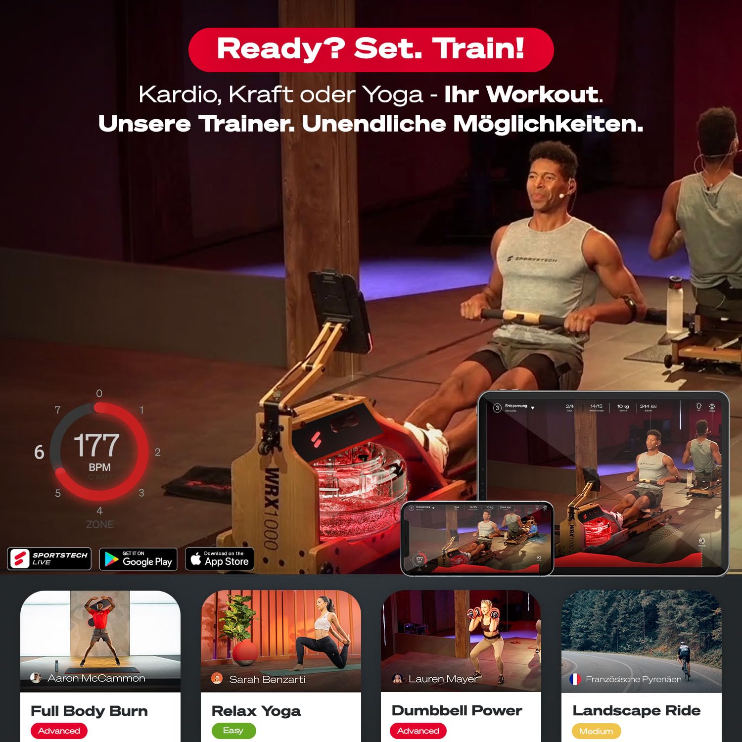 Sportstech Premium Wasser-Rudergerät mit LED-Wassertank, klappbar | Deutsches Qualitätsunternehmen I App mit Workout Kursen+ Tablethalterung | Natur-Massivholz Rudermaschine Rower für zuhause WRX1000