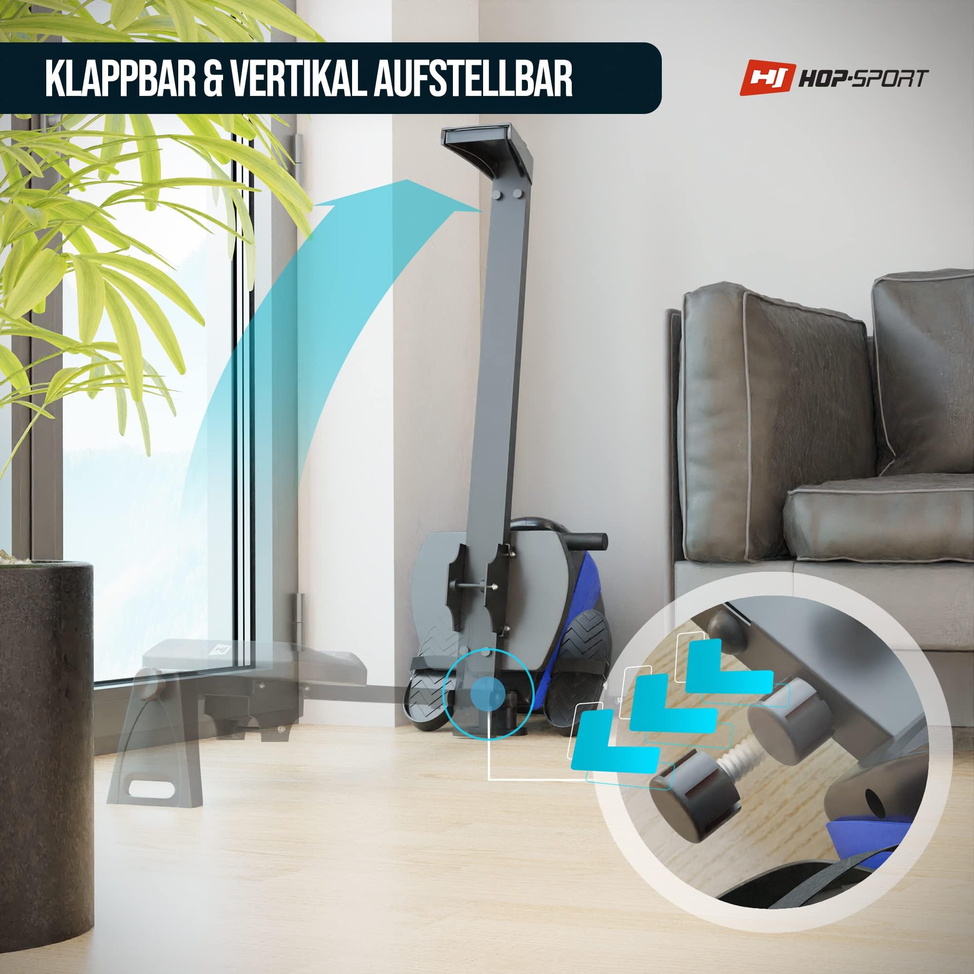 Hop-Sport Rudergerät Boost, Magnetbremssystem, LCD Display, 10 Widerstandsstufen, Klappbar, Cardiogeräte für Zuhause, Ideal für Ganzkörpertraining, 120 kg Max. Belastbarkeit